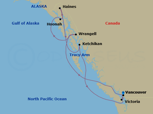 9 Night - A Journey of Natural Sanctuaries & Shoreline Serenity - EXPLORA III - Starting in Vancouver, Wrangell, Hoonah, Haines, Sailing the Tracy Arm Fjord, Ward Cove / Ketchikan, Victoria CA, Vancouver itinerary map
