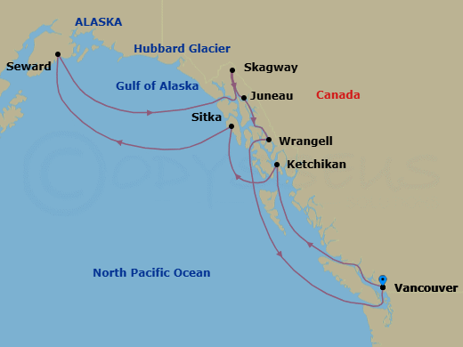 11 Night - A Journey Through Everlasting Enchantment & Untouched Landscapes - EXPLORA III - Starting in Vancouver, Ward Cove / Ketchikan, Sitka, Sailing the Hubbard Glacier, Seward, Skagway, Juneau, Wrangell, Vancouver itinerary map