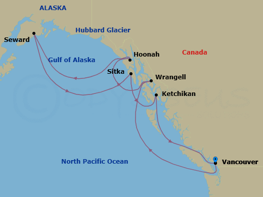 10 Night - A Journey Through Glacial Majesty & Alaskan Spirit - EXPLORA III - Starting in Vancouver, Wrangell, Hoonah, Sailing the Hubbard Glacier, Seward, Sitka, Ketchikan, Vancouver itinerary map