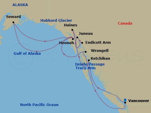 12 Night - A Journey of Tranquil Waters & Ice-Blue Horizons - EXPLORA III - Starting in Vancouver, Wrangell, Hoonah, Seward, Sailing the Hubbard Glacier, Haines, Endicott Arm (Dawes Glacier), Sailing the Tracy Arm Fjord, Juneau, Ketchikan, Vancouver itinerary map