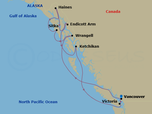 9 Night - A Journey Through Majestic Shores & Wilderness Serenity - EXPLORA III - Starting in Vancouver, Wrangell, Sitka, Haines, Endicott Arm (Dawes Glacier), Ward Cove / Ketchikan, Victoria CA, Vancouver itinerary map