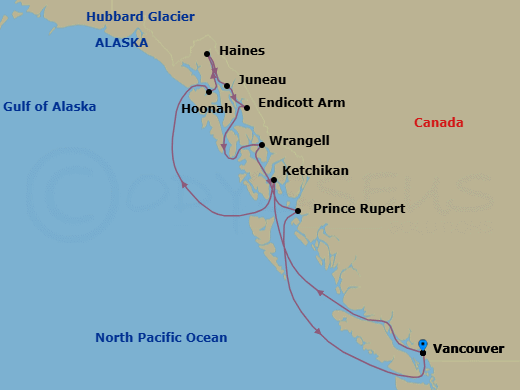 11 Night - A Journey of Spectacular Nature & Wild Adventure - EXPLORA III - Starting in Vancouver, Ketchikan, Hoonah, Sailing the Hubbard Glacier, Haines, Juneau, Endicott Arm (Dawes Glacier), Wrangell, Prince Rupert, Vancouver itinerary map