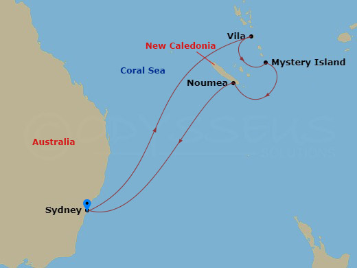 Carnival Adventure - 9 Night - Vanuatu & New Caledonia - Carnival Adventure - Starting in Sydney AU (White Bay), Australia, Vila, Vanuatu, Mystery Island, Vanuatu, Noumea, New Cal.. itinerary map