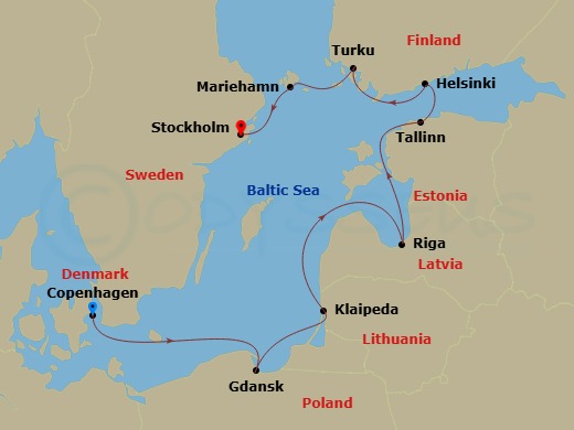 Azamara Journey - 11 Night - Baltic Intensive Cruise : Copenhagen, Helsinki & Stockholm - Azamara Journey - Starting in Copenhagen, Gdansk, Klaipeda, Riga, Tallinn, Helsinki, T.. itinerary map