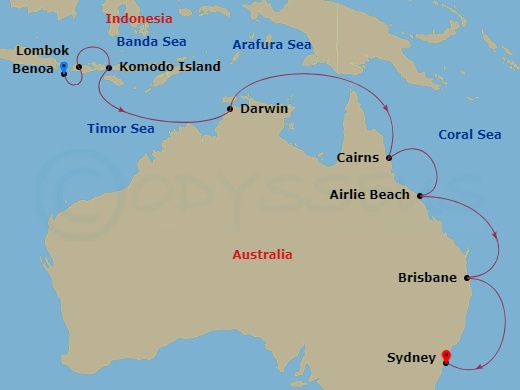 Seven Seas Explorer - 16 Night - Sojourn to Oz - Seven Seas Explorer - Starting in Bali (Benoa), Gili Mas (Lombok), Komodo, Cruising the Timor Sea, Darwin, Cruising the Timor Sea,.. itinerary map