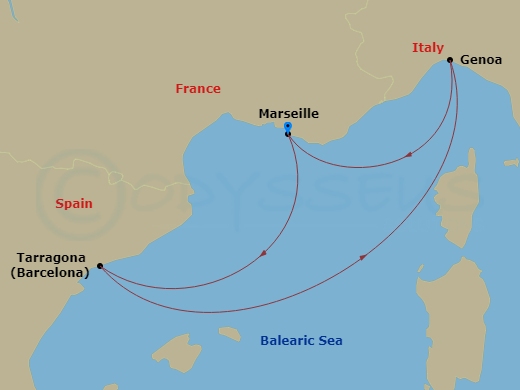 MSC Magnifica - 4 Night - Mediterranean - MSC Magnifica - Starting in Marseille (Provence), France, Tarragona, Spain, Genoa (Portofino), Italy, Marseille (Provence), France itinerary map