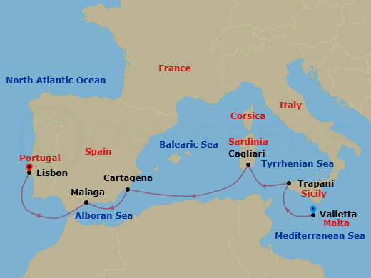7 Night - Valletta to Lisbon - Silver Muse - Starting in Valletta, Trapani, Sicily, Cagliari (Sardinia), Cartagena ES, Spain, Malaga (Costa del Sol), Lisbon itinerary map