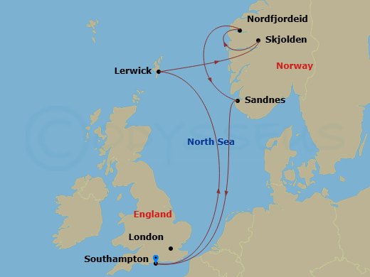 MSC Meraviglia - 7 Night - Northern Europe - MSC Meraviglia - Starting in Southampton (London), United Kingdom, Lerwick (Shetland Islands), United Kingdom, Skjolden, Norway, N.. itinerary map