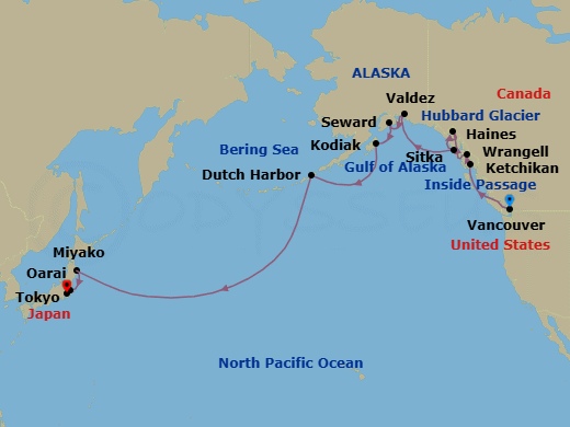 21 Night - Alaska & Japan Combination Cruise : Ketchikan, Hubbard Glacier & Tokyo - Azamara Pursuit - Starting in Vancouver, British Columbia, Ketchikan (Ward Cove), Alaska, Wrangell, Haines, Alaska, Sitka, Alaska, Cruise Hubbard Glacier, Valdez, Alaska, Seward, Alaska, Kodiak, Alaska, Dutch Harbor, Alaska, Miyako, Iwate, Oarai, Tokyo itinerary map