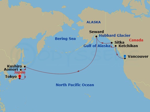 16 Night - A Journey from Glacier Majesty to Japanese Grace - EXPLORA III - Starting in Vancouver, Ketchikan, Sitka, Sailing the Hubbard Glacier, Seward, Kushiro, Aomori, Tokyo itinerary map