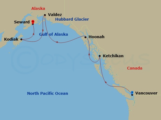 7 Night - A Journey of Ocean Calm & Timeless Natural Wonder - EXPLORA III - Starting in Vancouver, Ward Cove / Ketchikan, Hoonah, Sailing the Hubbard Glacier, Valdez, Kodiak, Seward itinerary map