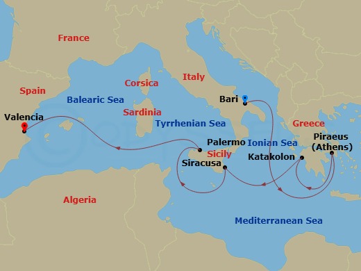 7 Night - Mediterranean - MSC Sinfonia - Starting in Bari, Italy, Piraeus (Athens), Greece, Katakolon (Olympia), Greece, Syracuse, Italy, Palermo (Monreale), Italy, Valencia, Spain itinerary map