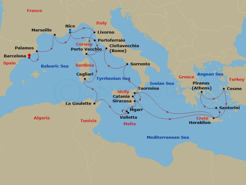 Azamara Journey - 23 Night - Mediterranean Cruise : Italy, Greece & France - Azamara Journey - Starting in Nice, Portoferraio (Elba), Porto Vecchio, Corsica, Cagliari, Sardinia.. itinerary map