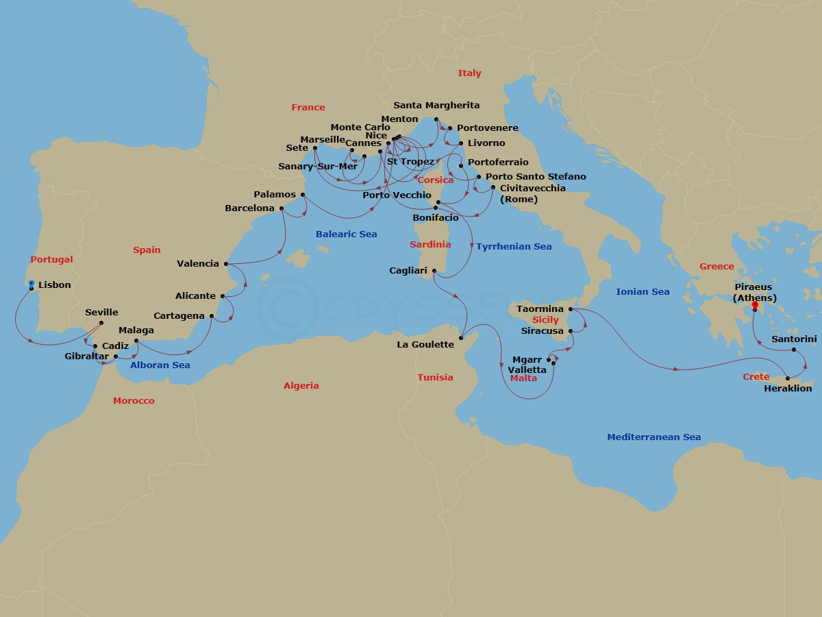 Azamara Journey - 41 Night - Lisbon to Athens Grand Voyage - Azamara Journey - Starting in Lisbon, Seville, Cadiz, Gibraltar, Malaga, Cartagena ES, Alicante, Valencia, Barcelon.. itinerary map