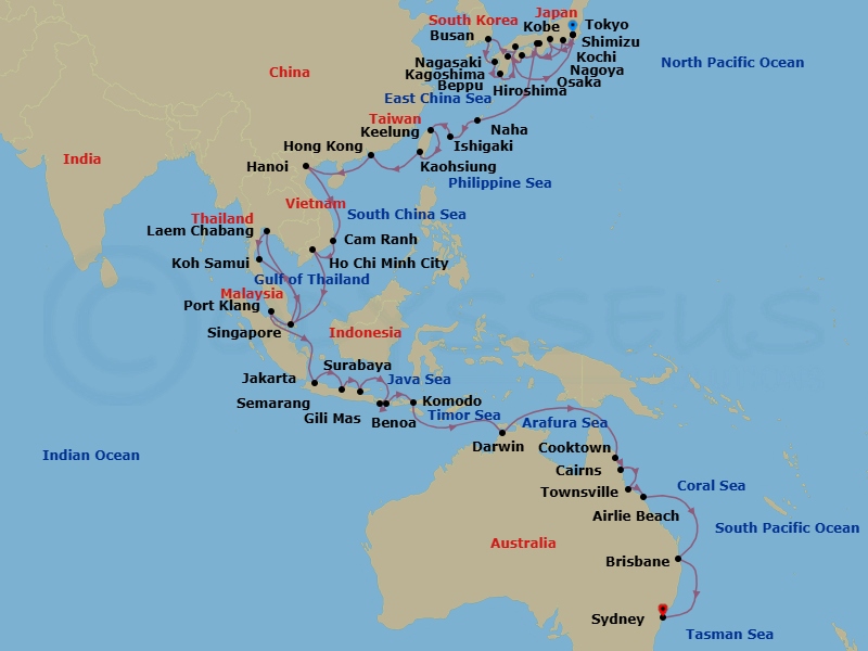 60 Night - Grand Asia Exploration - Seven Seas Explorer - Starting in Tokyo, Shimizu, Kyoto (Kobe), Kochi, Hiroshima, Cruising the Kanmon Straits, Busan, Nagasaki, Kagoshima, Beppu, Cruising the Pacific Ocean, Tokyo, Nagoya, Osaka, Cruising the Philippine Sea, Okinawa (Naha), Ishigaki (Sakishima Islands), Taipei (Keelung), Kaohsiung, Hong Kong, Cruising the Hainan Strait, Hanoi (Ha Long Bay), Cruising the South China Sea, Cam Ranh, Ho Chi Minh City (Saigon), Cruising the South China Sea, Singapore, Cruising the Gulf of Thailand, Bangkok (Laem Chabang), Ko Samui, Cruising the Gulf of Thailand, Kuala Lumpur (Port Klang), Cruising the South China Sea, Cruising the Java Sea, Jakarta, Semarang (Java), Surabaya, Bali (Benoa), Gili Mas (Lombok), Komodo, Cruising the Timor Sea, Darwin, Cruising the Arafura Sea, Cruising the Coral Sea, Cooktown, Cairns, Townsville, Airlie Beach, Cruising the Coral Sea, Brisbane, Cruising the Tasman Sea, Sydney AU itinerary map