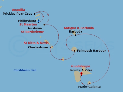Le Ponant - 7 Night - History and Culture Visiting Caribbean Jewels - Le Ponant - Starting in Philipsburg, Prickley Pear Cays, Gustavia, Charlestown, Nevis, Falmouth Bay,.. itinerary map
