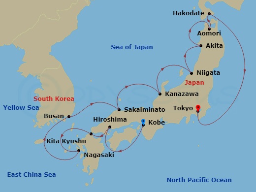 Azamara Pursuit - 14 Night - Japan Intensive Cruise : Kobe, Nagasaki & Tokyo - Azamara Pursuit - Starting in Kobe, Hiroshima, Kitakyushu, Nagasaki, Busan, Sakaiminato, Kanazawa.. itinerary map