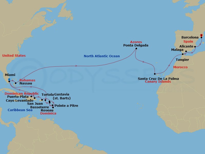 27 Night - Springtime Atlantic Crossing - Seven Seas Grandeur - Starting in Miami, Cruising the Atlantic Ocean, Puerto Plata, Dominican Republic, Cayo Levantado, San Juan, Gustavia, Roseau, Pointe-a-Pitre, Basseterre, Tortola, Cruising the Atlantic Ocean, Miami, Nassau, Cruising the Atlantic Ocean, Ponta Delgada (Azores), Cruising the Atlantic Ocean, Santa Cruz de La Palma, Cruising the Atlantic Ocean, Tangier, Malaga, Alicante, Barcelona itinerary map
