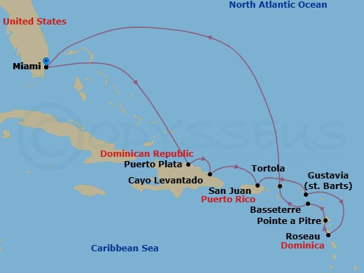 12 Night - Calypsco Currents - Seven Seas Grandeur - Starting in Miami, Cruising the Atlantic Ocean, Puerto Plata, Dominican Republic, Cayo Levantado, San Juan, Gustavia, Roseau, Pointe-a-Pitre, Basseterre, Tortola, Cruising the Atlantic Ocean, Miami itinerary map
