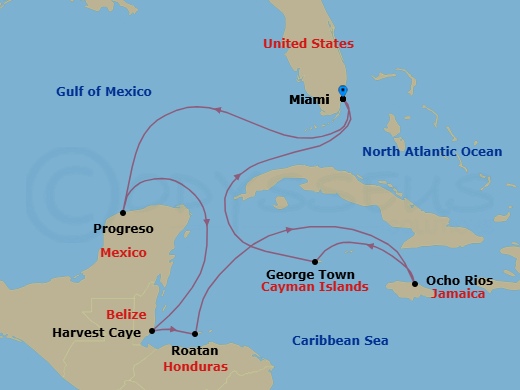 10 Night - Maya Culture & Cuisine - Seven Seas Grandeur - Starting in Miami, Cruising the Gulf, Progreso, Cruising the Caribbean Sea, Harvest Caye, Roatan, Cruising the Caribbean Sea, Ocho Rios, Jamaica, George Town, Cruising the Florida Straits, Miami itinerary map