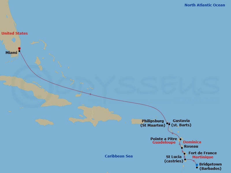 9 Night - Island Indulgence - Seven Seas Grandeur - Starting in Bridgetown, Castries, Fort-de-France, Roseau, Pointe-a-Pitre, Gustavia, Philipsburg, Cruising the Atlantic Ocean, Cruising the Bahamian Waters, Miami itinerary map
