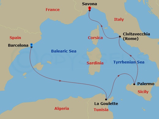 Costa Smeralda - 5 Night - Europe from Barcelona to Savona - Costa Smeralda - Starting in Barcelona, La Goulette, Palermo, Civitavecchia, Savona itinerary map