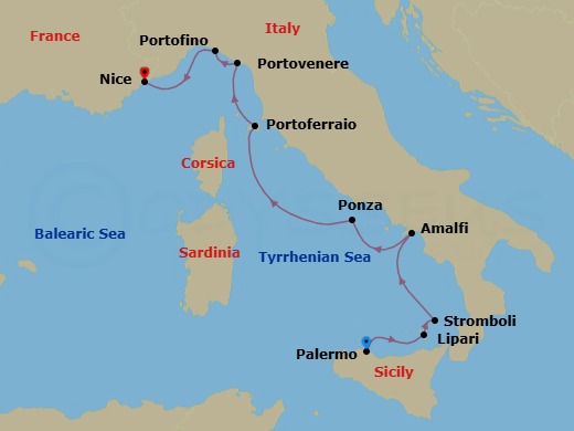 7 Night - Under Sail from Sicily to the Riviera - Le Ponant - Starting in Palermo, Sicily, Lipari, Aeolian Islands, Sailing in front of Stromboli, Amalfi, Ponza, Portoferraio, Elba, Porto Venere, Portofino, Nice itinerary map