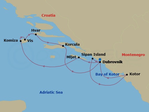 7 Night - Croatia - Le Ponant - Starting in Dubrovnik, Croatia, Mljet, Komiza, Vis Island, Vis Island, Stari Grad, Hvar Island, Korcula, Dubrovnik, Croatia, Sipan Island, Sailing in the Bay of Kotor, Kotor, Dubrovnik, Croatia itinerary map