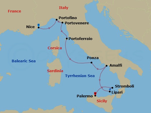 7 Night - Under Sail from the Riviera to Sicily - Le Ponant - Starting in Nice, Portofino, Porto Venere, Portoferraio, Elba, Ponza, Amalfi, Lipari, Aeolian Islands, Sailing in front of Stromboli, Palermo, Sicily itinerary map