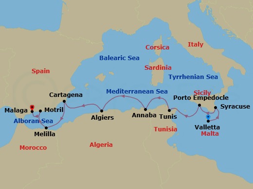 9 Night - Ancient Shores of the Mediterranean - Le Dumont-d'Urville - Starting in Valletta, Syracuse IT, Sicily, Porto Empedocle, Sicily, Tunis, Annaba, Algiers, Cartagena ES, Melilla, Motril, Malaga itinerary map