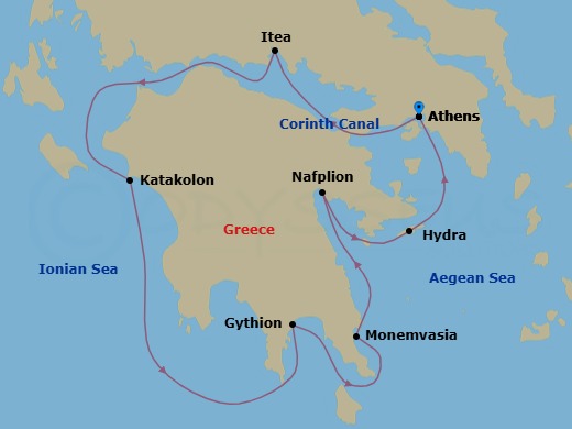 7 Night - Landscapes and Historic Sites of the Peloponnese - Le Dumont-d'Urville - Starting in Athens, Crossing the Corinth Canal, Itea, Katakolon, Gythio, Monemvasia, Nafplion, Hydra, Athens itinerary map