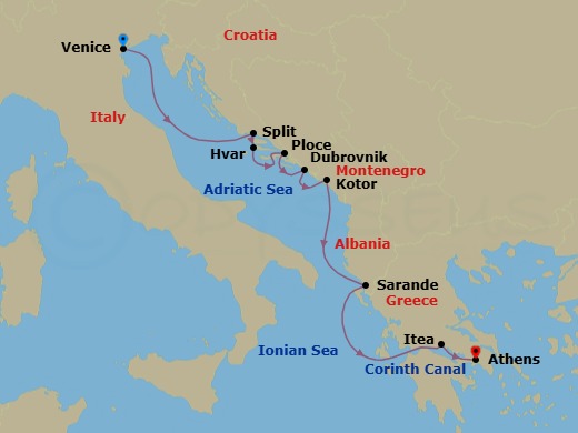 8 Night - Cruising the Dalmatian Coast and the Ionian Sea : Venice to Athens - with Smithsonian Journeys - Le Dumont-d'Urville - Starting in Venice, Split, Hvar, Ploce, Dubrovnik, Croatia, Kotor, Sarande, Crossing the Corinth Canal, Itea, Athens itinerary map