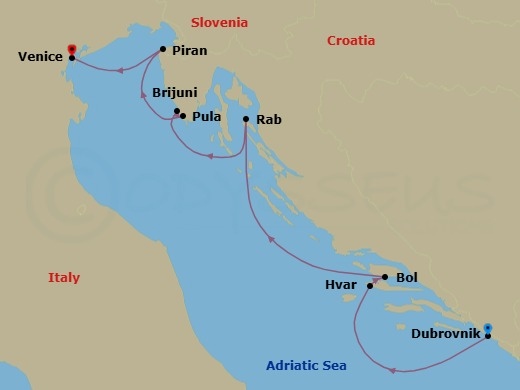 7 Night - Cities and Splendours of the Adriatic - Le Dumont-d'Urville - Starting in Dubrovnik, Croatia, Hvar, Bol, Rab, The Brijuni Islands, Pula, Piran, Venice itinerary map