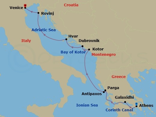 8 Night - Well-Being Break in the Mediterranean - Le Dumont-d'Urville - Starting in Athens, Crossing the Corinth Canal, Galaxidi, Parga, Paxos, Sailing in the Bay of Kotor, Kotor, Dubrovnik, Croatia, Hvar, Rovinj, Venice itinerary map
