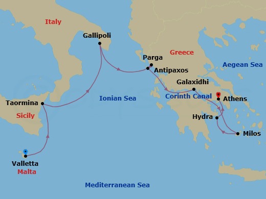 8 Night - Peaceful Islands and Ancient Treasures of the Mediterranean - Le Dumont-d'Urville - Starting in Valletta, Taormina, Sicily, Gallipoli, Parga, Paxos, Crossing the Corinth Canal, Galaxidi, Adamas, Milos, Hydra, Athens itinerary map