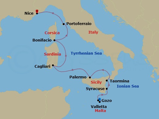 8 Night - Mediterranean Island Voyage : Sicily, Sardinia, Corsica, and Elba - with Smithsonian Journeys - Le Dumont-d'Urville - Starting in Valletta, Gozo, Syracuse IT, Sicily, Taormina, Sicily, Palermo, Sicily, Cagliari, Sardinia, Bonifacio, Corsica, Portoferraio, Elba, Nice itinerary map