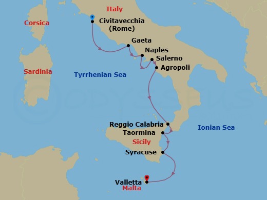 8 Night - Ancient Wonders and Culinary Delights : Cruising Southern Italy and Sicily - with Smithsonian Journeys - Le Laperouse - Starting in Civitavecchia (Rome), Gaeta, Naples, Salerno, Agropoli, Reggio di Calabria, Taormina, Sicily, Syracuse IT, Sicily, Valletta itinerary map