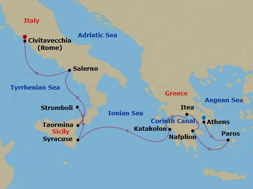 8 Night - Tribute to Maria Callas - Le Laperouse - Starting in Athens, Paros, Nafplion, Crossing the Corinth Canal, Itea, Katakolon, Syracuse IT, Sicily, Sailing in front of Stromboli, Taormina, Sicily, Salerno, Civitavecchia (Rome) itinerary map