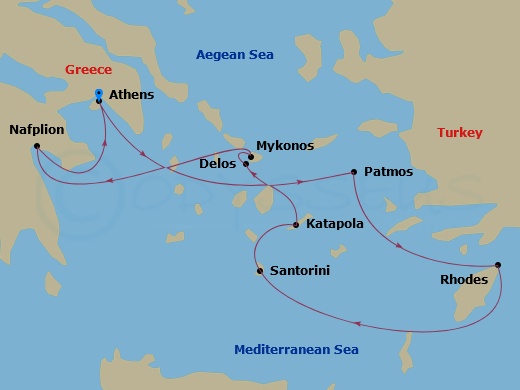 Le Laperouse - 7 Night - Cruising the Greek Islands of the Southern Aegean - with Smithsonian Journeys - Le Laperouse - Starting in Athens, Patmos, Rhodes, Santorini, Amorgo.. itinerary map