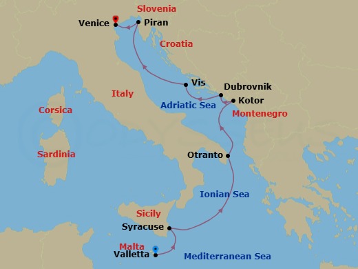8 Night - 6Th Opera Festival at Sea, with Benjamin Bernheim - Le Bougainville - Starting in Valletta, Syracuse IT, Sicily, Otranto, Kotor, Dubrovnik, Croatia, Vis Island, Piran, Venice itinerary map