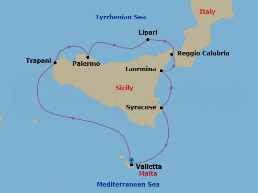 7 Night - Authentic Mediterranean Shores - Le Bougainville - Starting in Valletta, Trapani, Sicily, Palermo, Sicily, Lipari, Aeolian Islands, Reggio di Calabria, Taormina, Sicily, Syracuse IT, Sicily, Valletta itinerary map