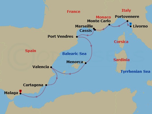 10 Night - Treasures of the Western Mediterranean - Le Boreal - Starting in Livorno, Porto Venere, Monaco, Cassis, Marseille, Port-Vendres, Menorca, Valencia, Cartagena ES, Malaga itinerary map