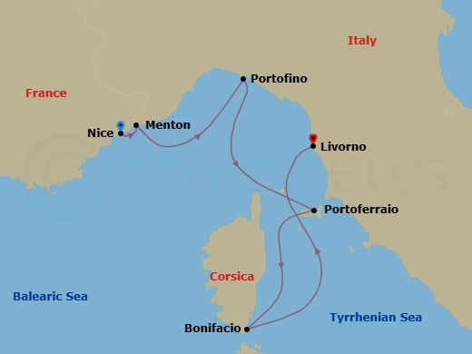 5 Night - An Autumn Escape : Cote D'Azur, Italian Riviera & Corsica - Le Boreal - Starting in Nice, Menton, Portofino, Portoferraio, Elba, Bonifacio, Corsica, Livorno itinerary map