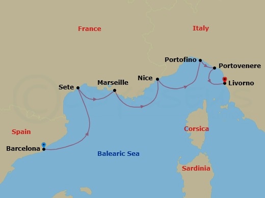 7 Night - Southern France and the Italian Riviera by Sea - with Smithsonian Journeys - Le Boreal - Starting in Barcelona, Sete, Marseille, Nice, Portofino, Porto Venere, Livorno itinerary map