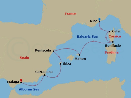 7 Night - Isle of Beauty and Iberian Shores - Le Boreal - Starting in Nice, Calvi, Corsica, Bonifacio, Corsica, Mahon, Balearic Islands, Peniscola, Ibiza, Balearic Islands, Cartagena ES, Malaga itinerary map