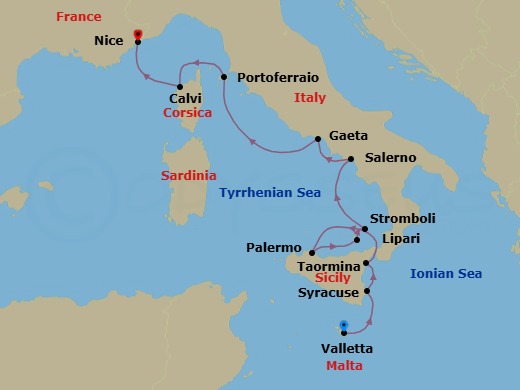 9 Night - Italian Shores and Isle of Beauty - Le Boreal - Starting in Valletta, Syracuse IT, Sicily, Taormina, Sicily, Palermo, Sicily, Lipari, Aeolian Islands, Sailing in front of Stromboli, Salerno, Gaeta, Portoferraio, Elba, Calvi, Corsica, Nice itinerary map