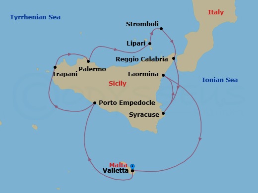 8 Night - Authentic Mediterranean Shores - Le Boreal - Starting in Valletta, Porto Empedocle, Sicily, Trapani, Sicily, Palermo, Sicily, Lipari, Aeolian Islands, Sailing in front of Stromboli, Reggio di Calabria, Syracuse IT, Sicily, Taormina, Sicily, Valletta itinerary map