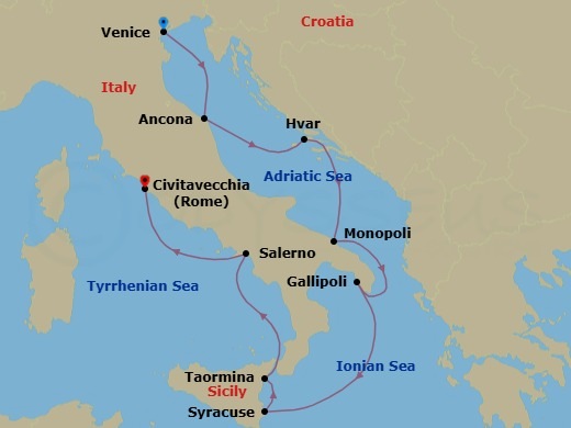 8 Night - Legendary Shores of Italy and Croatia - Le Boreal - Starting in Venice, Ancona, Hvar, Monopoli, Gallipoli, Syracuse IT, Sicily, Taormina, Sicily, Salerno, Civitavecchia (Rome) itinerary map