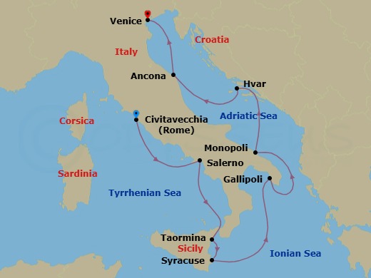8 Night - Legendary Shores of Italy and Croatia - Le Boreal - Starting in Civitavecchia (Rome), Salerno, Taormina, Sicily, Syracuse IT, Sicily, Gallipoli, Monopoli, Hvar, Ancona, Venice itinerary map