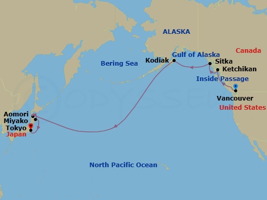 16 Night - Vancouver to Tokyo - Silver Moon - Starting in Vancouver, Cruise Inside Passage, Ketchikan, Alaska, Sitka, Alaska, Kodiak Island, Alaska, Date Line lose a day, Aomori, Miyako, Iwate itinerary map